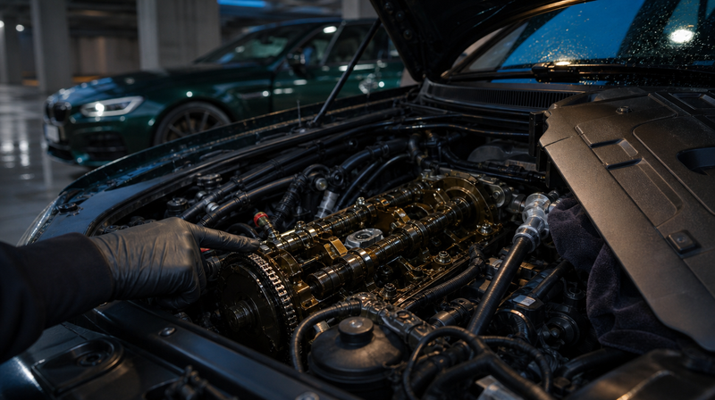 Compartiment moteur ouvert, cache-moteur déposé sur un chiffon, sur une compacte sportive — Acheter une Volkswagen Golf 7 d'occasion