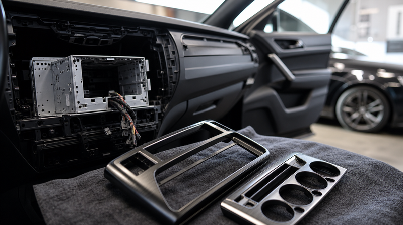 Enjoliveur de console démonté à la spatule, faisceau apparent, sur une berline sportive — Connaitre sa version de systeme NTG Mercedes