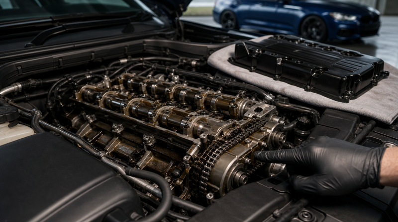 Compartiment moteur ouvert, cache-moteur déposé sur un chiffon, sur une berline sportive — Audi A3 8V / S3 / RS3 d'occasion