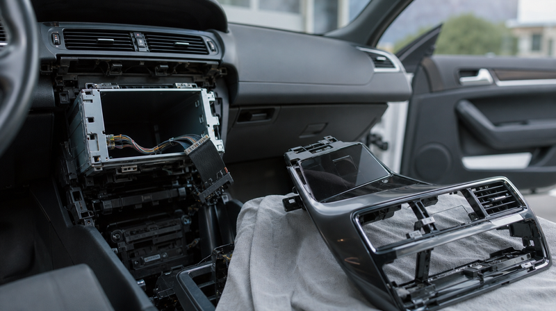 Enjoliveur de console démonté à la spatule, faisceau apparent, sur un coupé premium — CarPlay & Android Auto sur BMW Série 4 F32