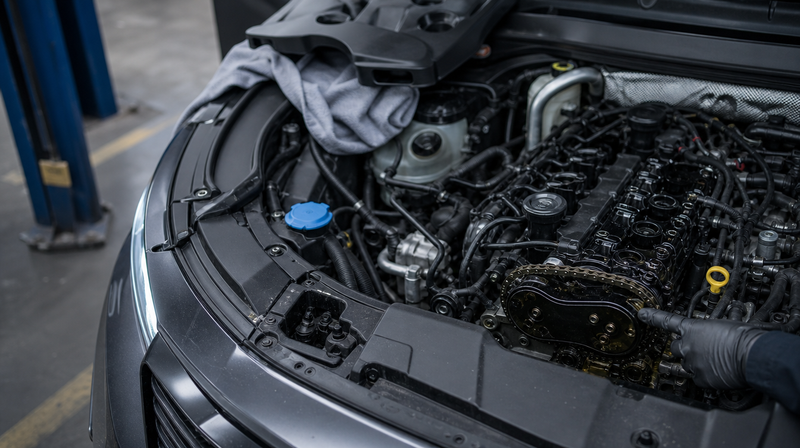 Compartiment moteur ouvert, cache-moteur déposé sur un chiffon, sur une compacte sportive — Mercedes Classe A W176 d'occasion