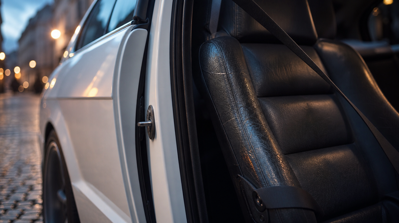 Bourrelet du siège conducteur en cuir marqué par l'usage, sur une berline sportive — Mercedes-AMG A35 d'occasion