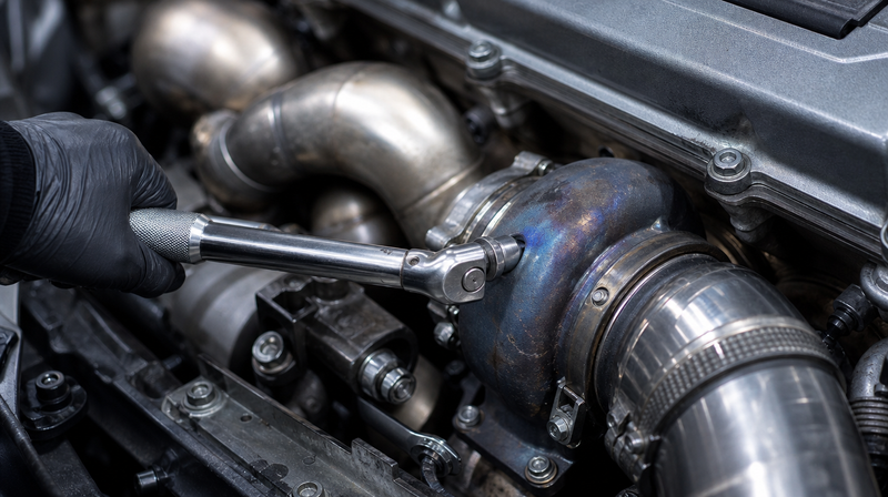Clé dynamométrique passée près du turbo bleui par la chaleur, sur une berline sportive — Honda Civic d'occasion