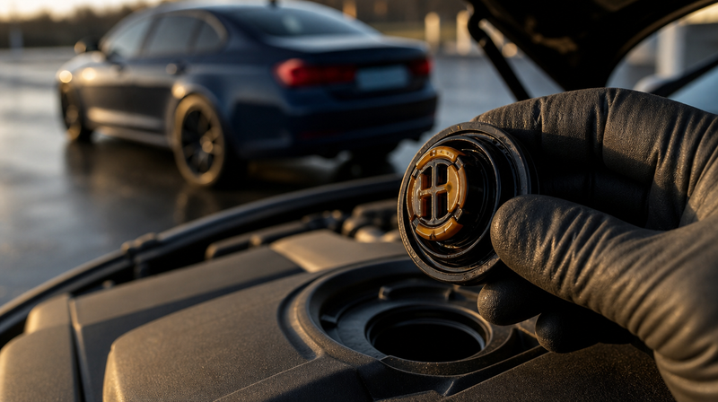 Bouchon de remplissage d'huile soulevé, huile propre en dessous, sur une berline sportive — Audi A4 / S4 / RS4 B9 d'occasion