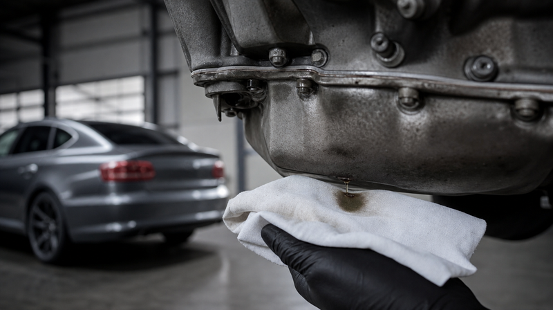 Suintement d'huile sur le carter vérifié au chiffon blanc, sur une berline sportive — Fiabilité de la boîte double embrayage DSG7