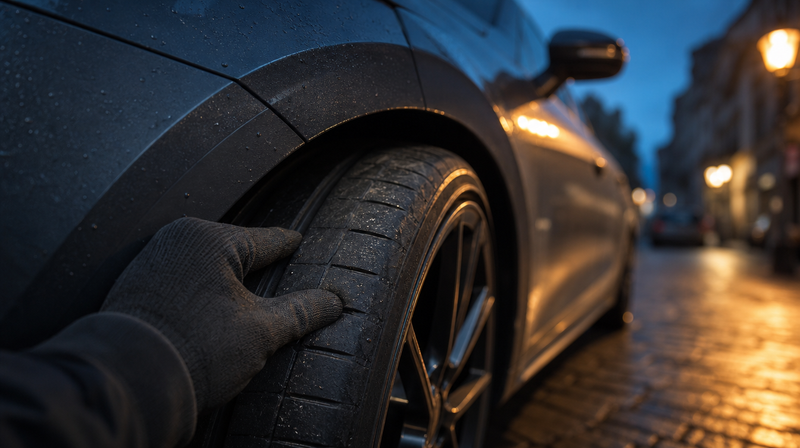 Épaule d'un pneu avant usé vérifiée au pouce, sur une compacte sportive — Volkswagen Golf 8 d'occasion