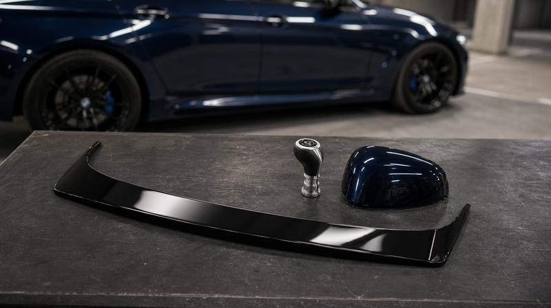 Pièces de tuning noir brillant disposées sur un établi, sur une berline sportive — Voitures à boîte automatique fiables à moins de 3000€