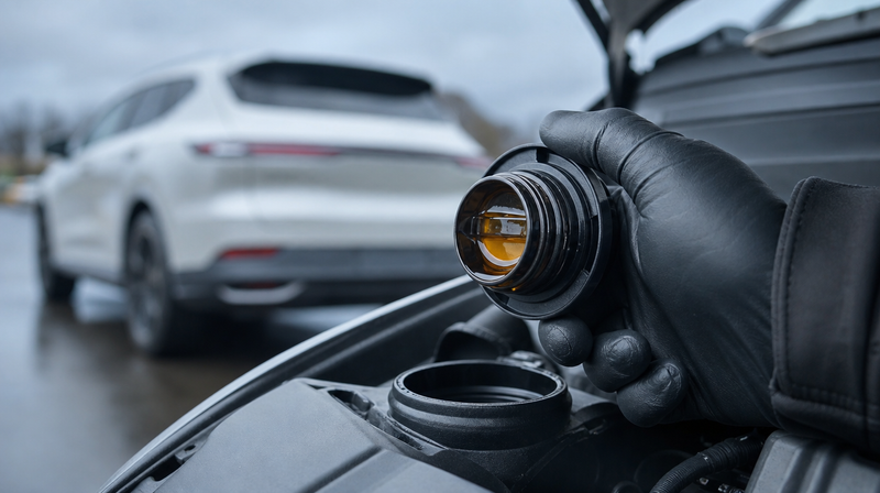 Bouchon de remplissage d'huile soulevé, huile propre en dessous, sur un SUV compact premium — Hyundai Tucson d'occasion