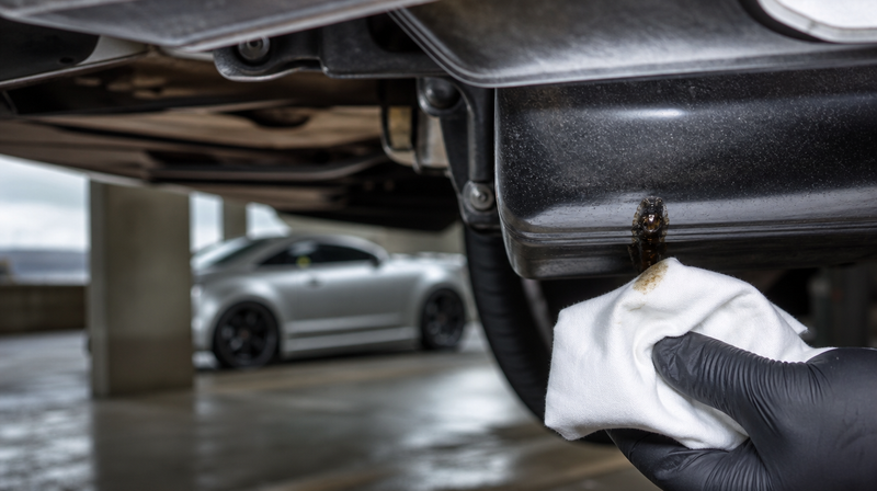 Suintement d'huile sur le carter vérifié au chiffon blanc, sur une berline sportive — Mitsubishi Outlander d'occasion