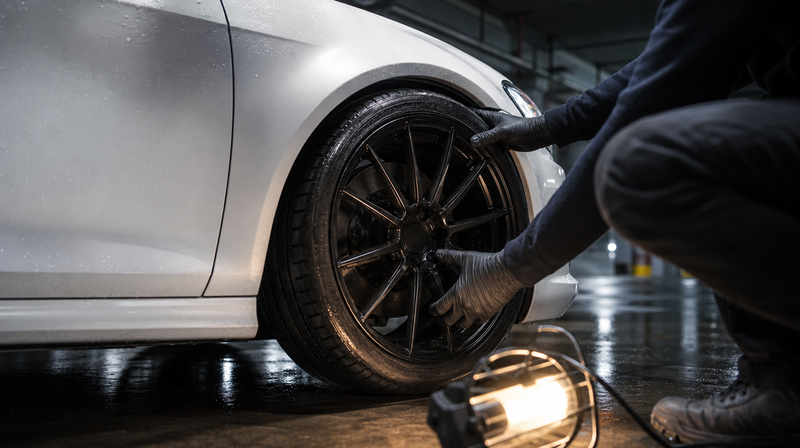 Roue avant secouée pour vérifier le jeu de roulement, sur une compacte sportive — Opel Corsa d'occasion