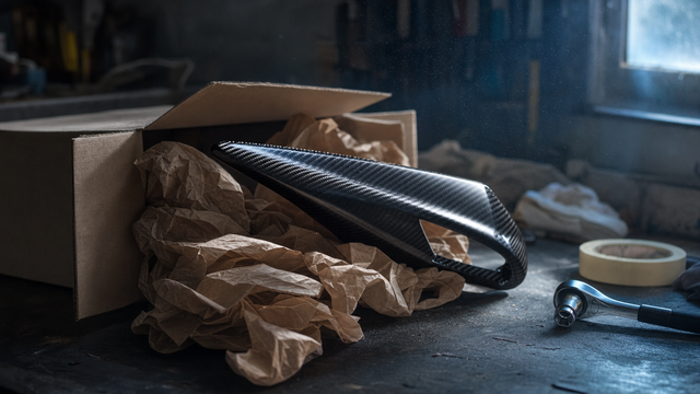 Pièce en fibre de carbone déballée sur un établi de garage — Black Friday accessoires auto 2026