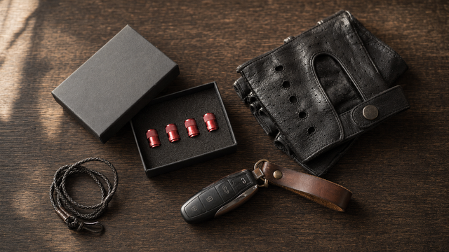 Bouchons de valve, gants de conduite en cuir et clé de voiture disposés sur une table — idée cadeau homme voiture