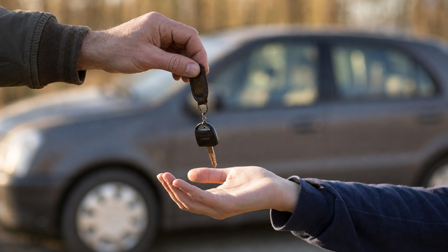 Remise d'une clé de voiture dans la paume d'un jeune conducteur — cadeau pour une première voiture