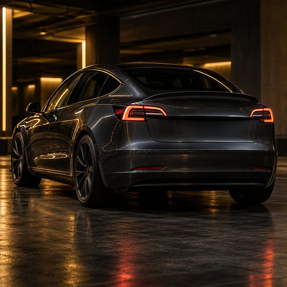 Berline électrique grise vue de l'arrière dans un parking éclairé — accessoires Tesla