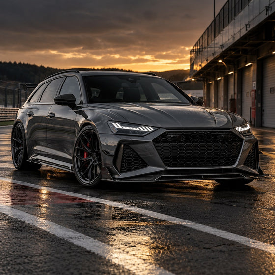 Break sportif gris foncé dans un paddock au coucher du soleil — accessoires Audi