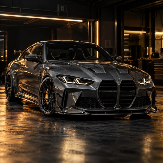 Coupé sportif gris foncé à double haricot dans un garage éclairé — accessoires BMW