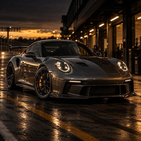 Coupé sportif gris foncé dans un paddock au coucher du soleil — accessoires Porsche