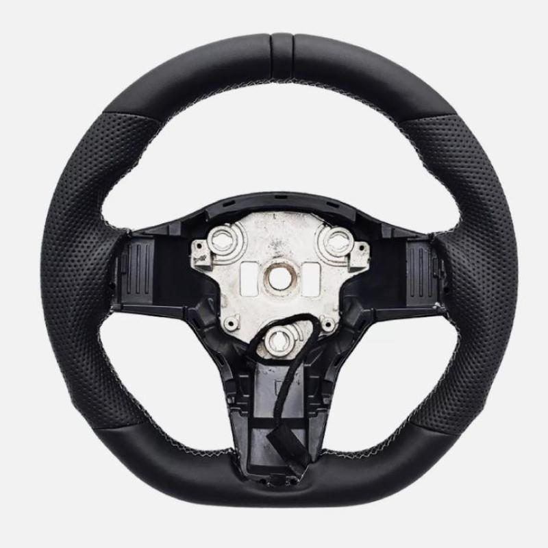 Volant Sport Méplat Chauffant Tesla Model 3 et Model Y 2017-2023 Cuir Perforé Noir