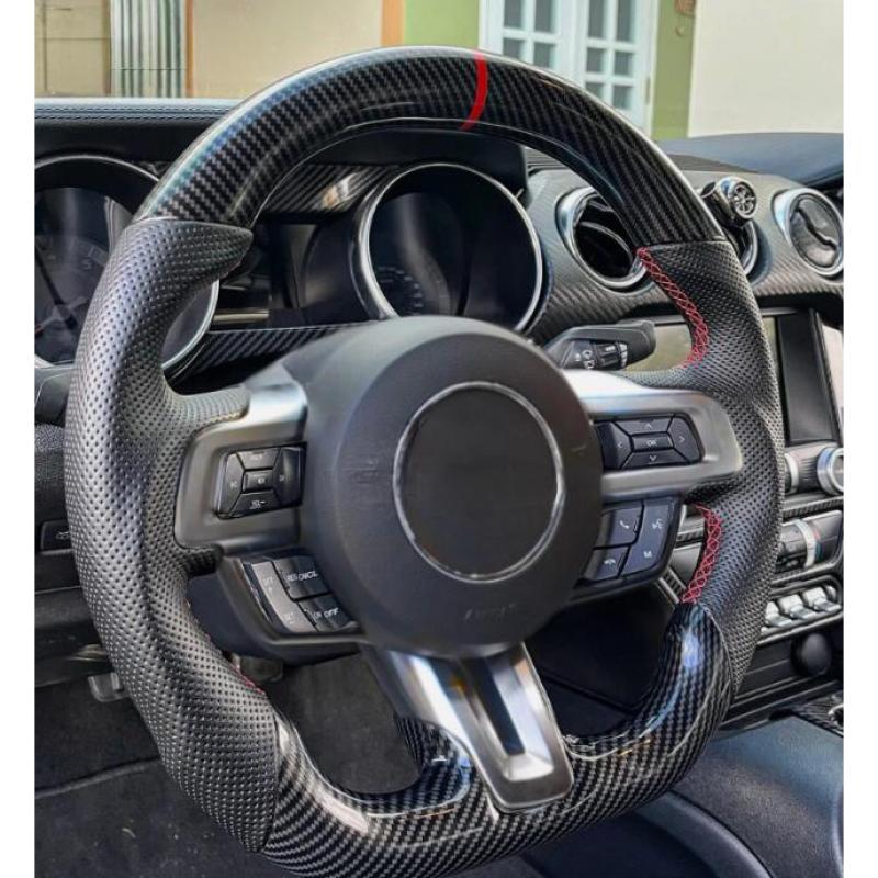 Volant Carbone Hydrographique et Cuir Perforé Couture Rouge Ford Mustang GT EcoBoost GT350 2018-2023