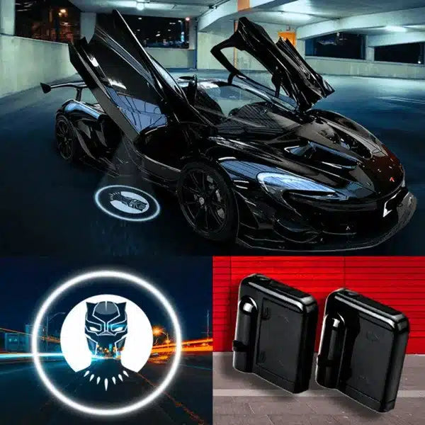 2X LED Panthère Noire Logo Lumières De Porte De Voiture - vue de face - Becquet Voiture