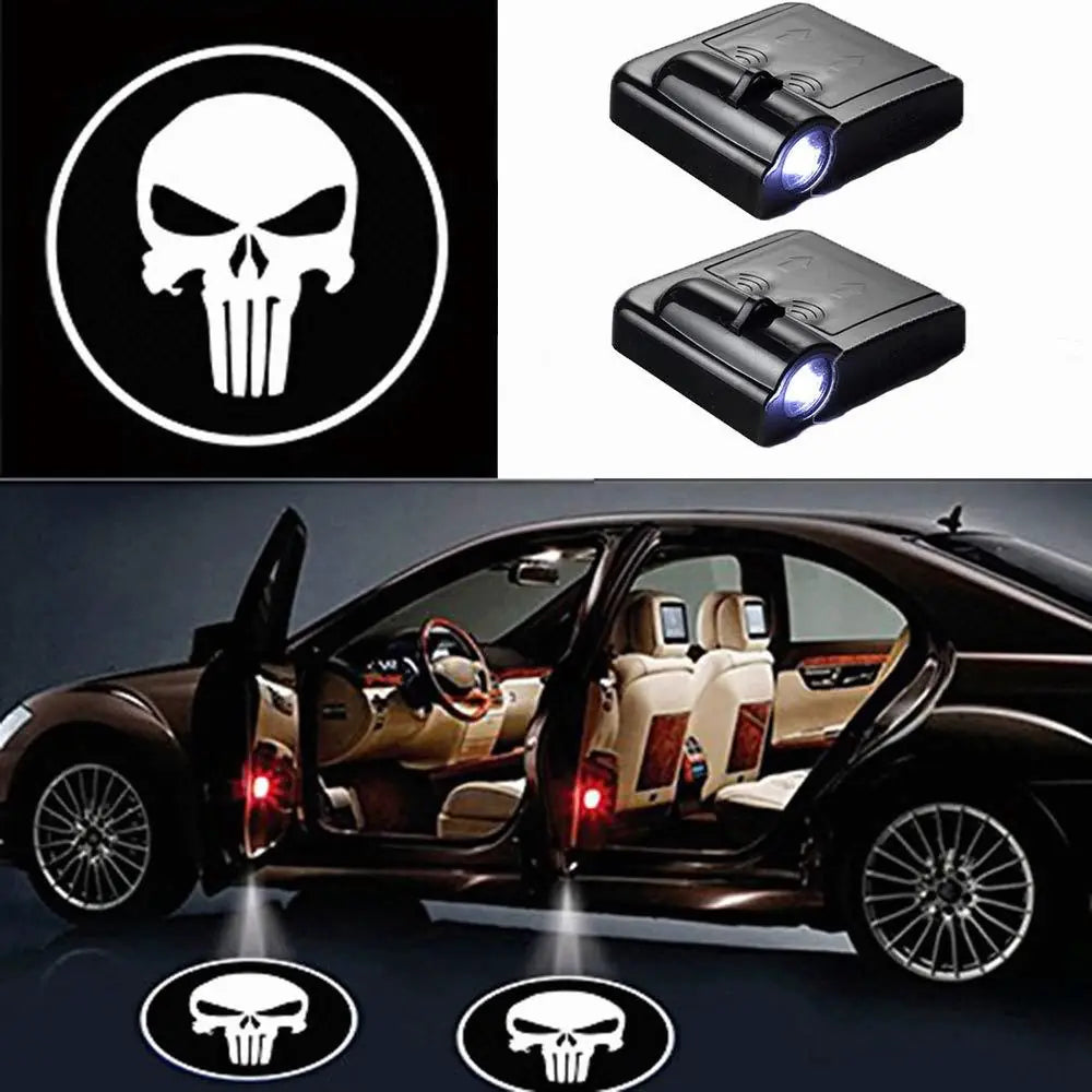 2X Lumières De Porte LED Sans Fil Skull Pour Voiture - vue de face - Becquet Voiture
