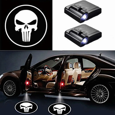 2X Lumières De Porte LED Sans Fil Skull Pour Voiture - vue de face - Becquet Voiture