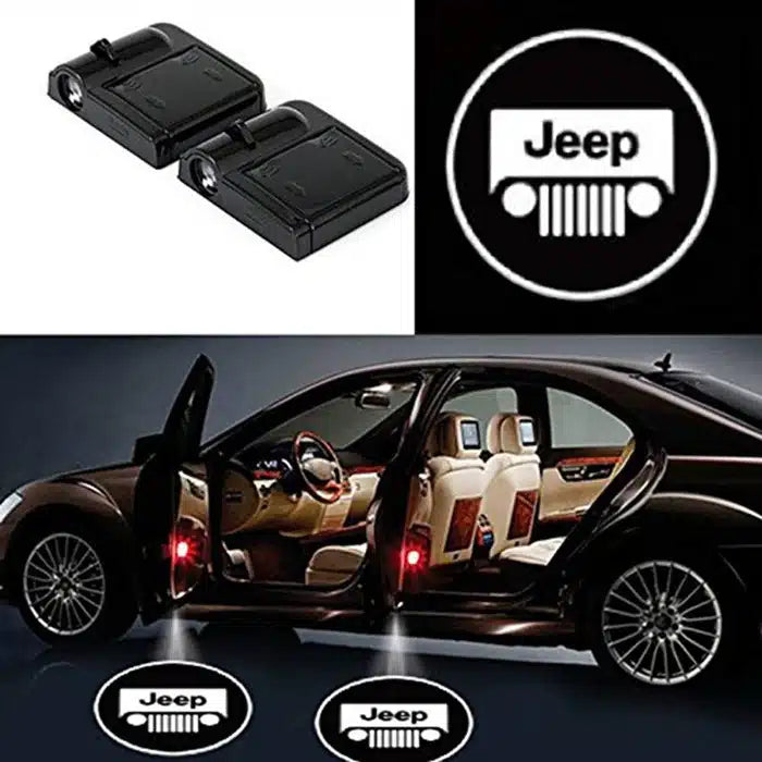 2x projecteurs de porte LED Jeep sans fil avec logo - vue de face - Becquet Voiture