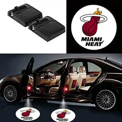 2X projecteurs de porte LED pour voiture logo Miami Heat - packshot studio - Becquet Voiture