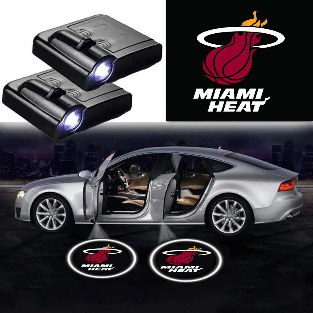 2X projecteurs de porte LED pour voiture logo Miami Heat - vue de face - Becquet Voiture