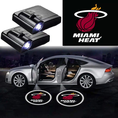2X projecteurs de porte LED pour voiture logo Miami Heat - vue de face - Becquet Voiture