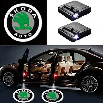 2X Projecteurs de Porte LED Skoda Sans Fil - Logo Projecteur - vue de face - Becquet Voiture