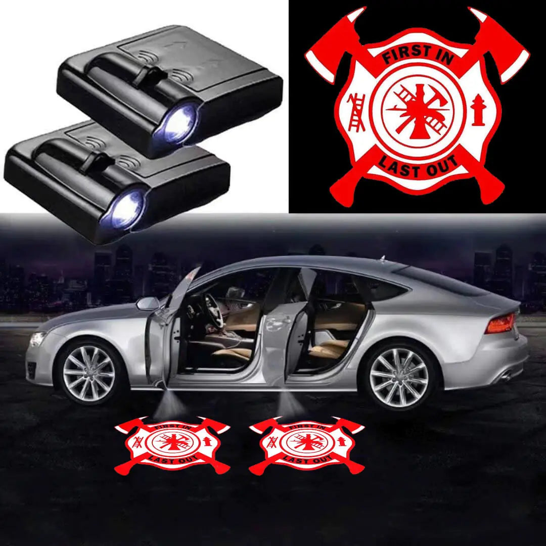 2X Projecteurs LED de Porte Logo First In Last Out - vue de face - Becquet Voiture