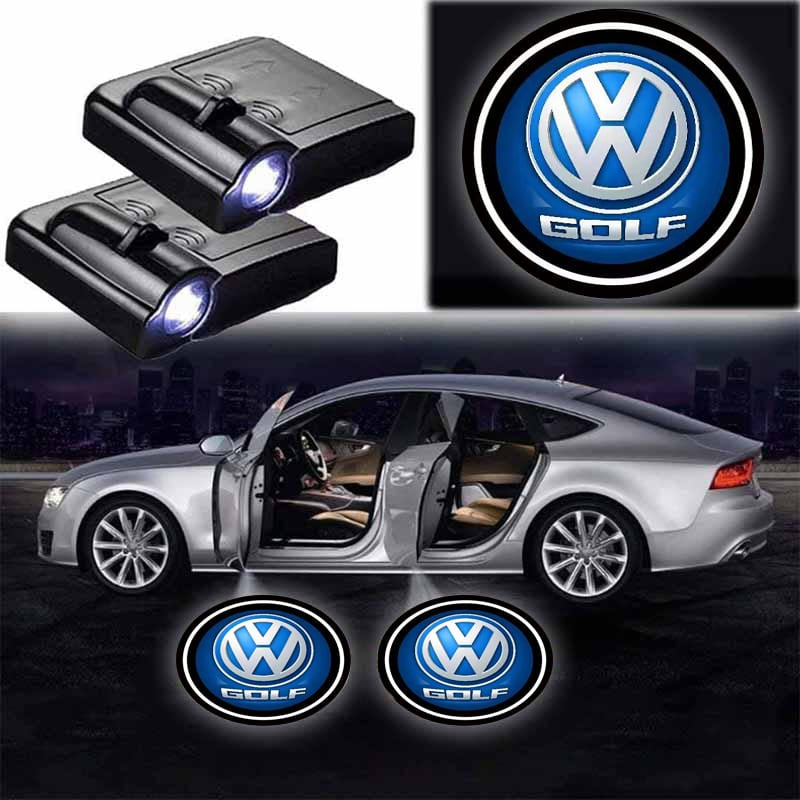 2x projecteurs LED sans fil Golf pour portières avec logo - vue de face - Becquet Voiture