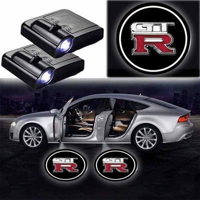 2X Projecteurs LED Sans Fil pour Portes Nissan GTR Logo - vue de face - Becquet Voiture