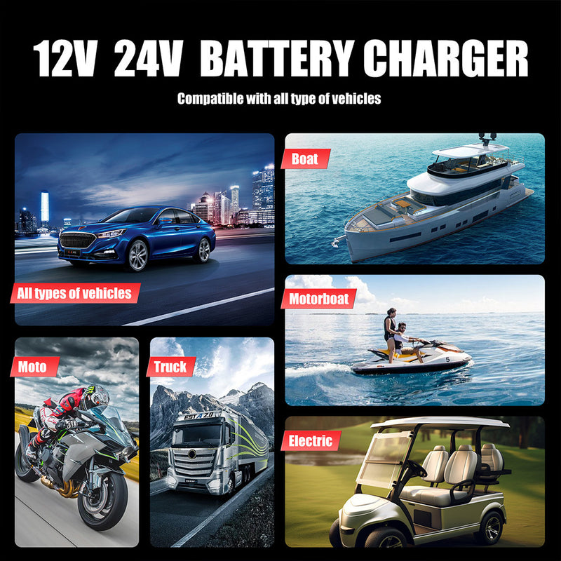 Chargeur de Batterie Voiture FOXSUR 12V 24V 25A avec Fonction Booster