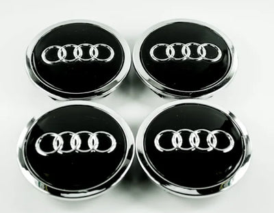 4x Centres de Roues Audi Noir Brillant 68mm Chrome - vue de profil - Becquet Voiture
