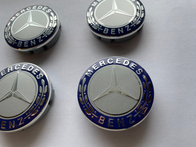 4x Centres de Roues Mercedes Gris & Bleu 60mm - vue de profil - Becquet Voiture