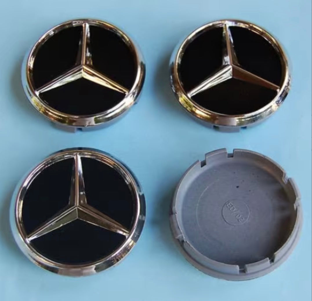 4x Centres de Roues Mercedes Noir 60mm - vue de face - Becquet Voiture