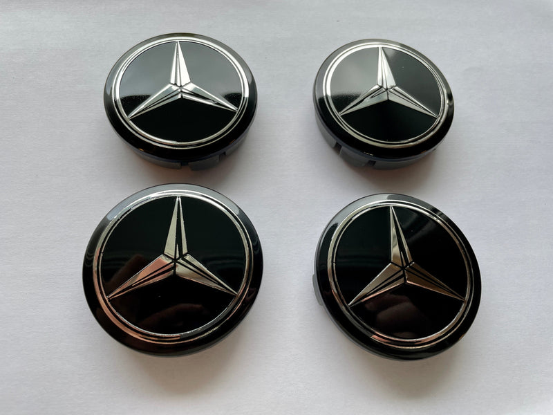4x Mercedes Wheel Centers Black & Silver 60mm - rear view - Becquet Voiture