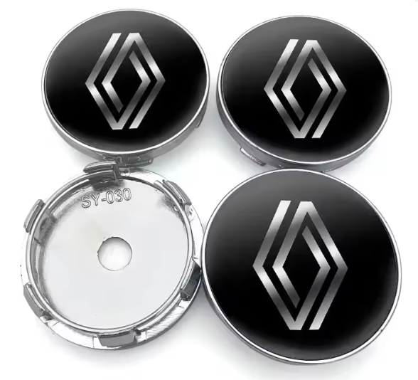 4x Centres de Roues Renault 60mm Noir Chrome - vue de face - Becquet Voiture