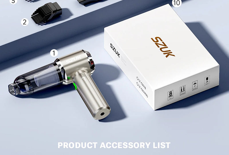 Aspirateur de Voiture Sans Fil SZUK Max 4 en 1 Aspire Souffle et Gonfle Rechargeable USB-C