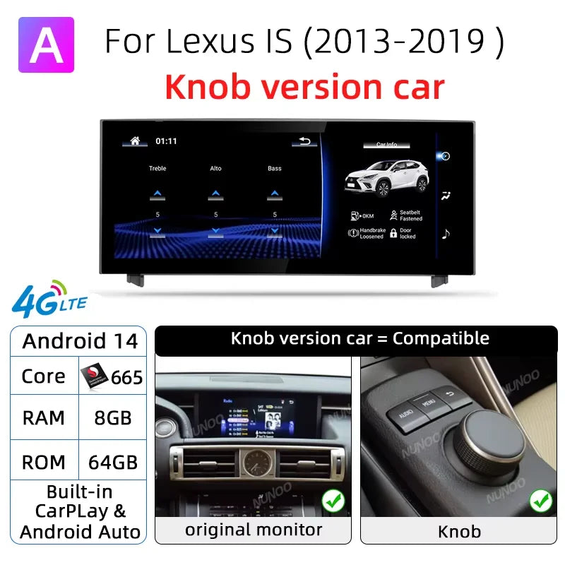 Autoradio Sans Fil CarPlay Android Auto Lexus IS 2013-2017 Écran 10,25 Pouces GPS 4G DSP