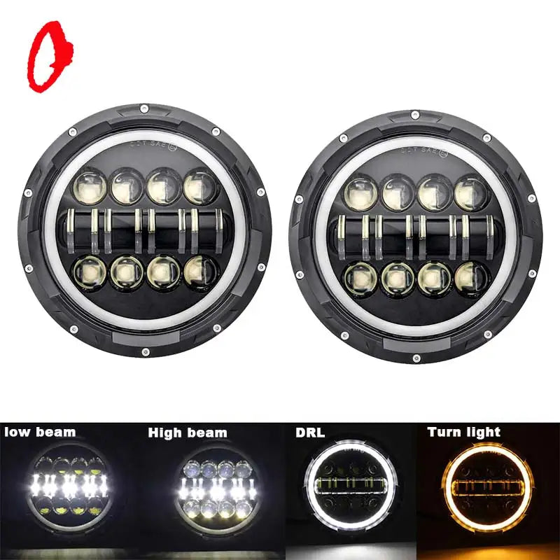 2 Phares LED Ronds 7 Pouces Halo Land Rover Defender Lada Niva Beetle Classique avec Culot H4 et Anneau Ambre