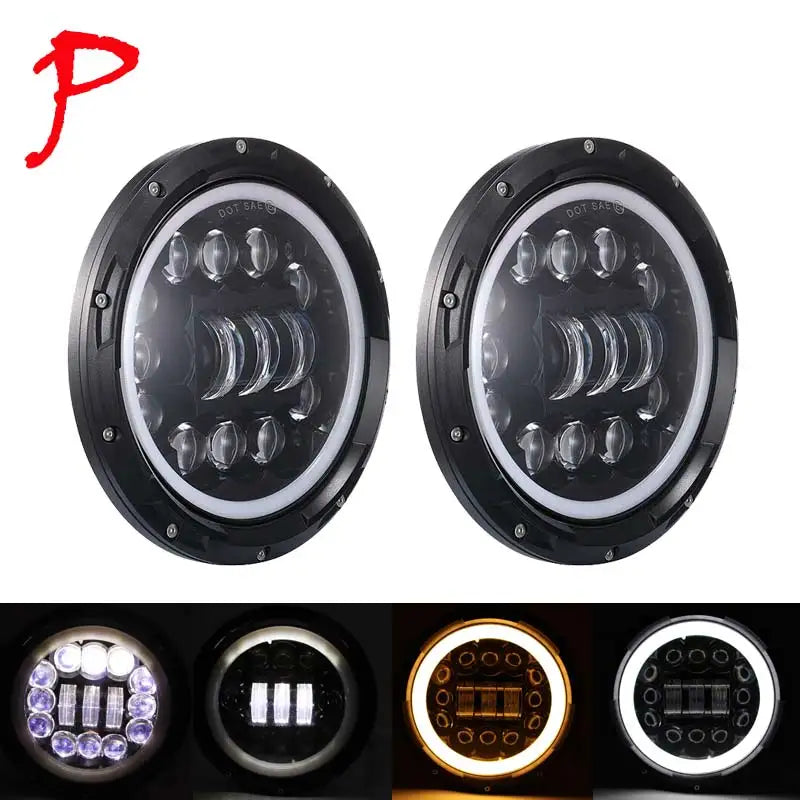 2 Phares LED Ronds 7 Pouces Halo Land Rover Defender Lada Niva Beetle Classique avec Culot H4 et Anneau Ambre