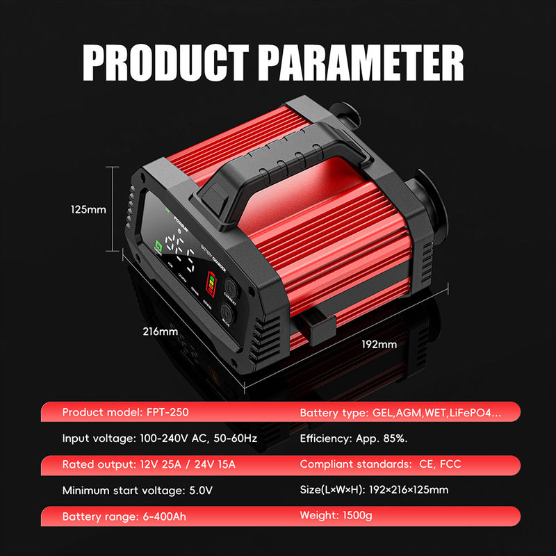 Chargeur de Batterie Voiture FOXSUR 12V 24V 25A avec Fonction Booster