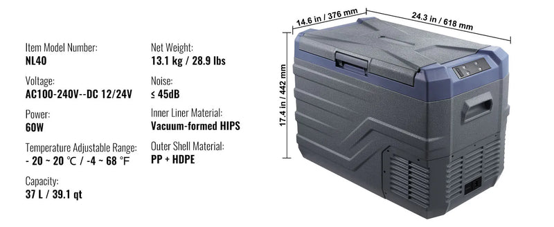 Réfrigérateur de Voiture Double Zone 25 à 40 L Congélateur Portable à Compresseur 12/24 V
