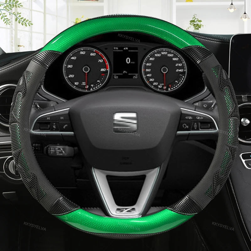 Couvre Volant Seat Leon FR, Ibiza, Arona, Ateca, Tarraco en Cuir Microfibre et Carbone 38 cm