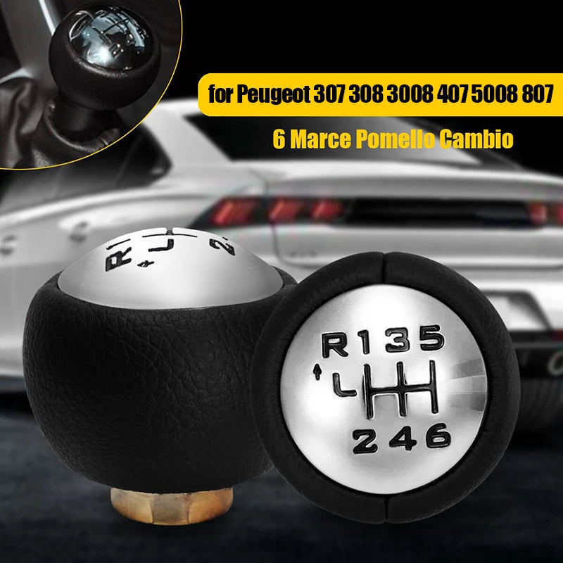 Pommeau de Levier de Vitesse Peugeot 307 308 3008 407 5008 807 et Citroën C3 C4 C8, 5 ou 6 Vitesses, Tête Chromée Cuir PU Noir