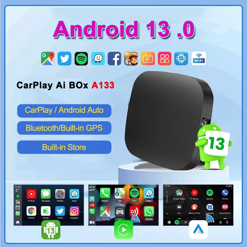 Boîtier CarPlay Android Auto Sans Fil AI Box Android 13 Bluetooth 5.0 GPS