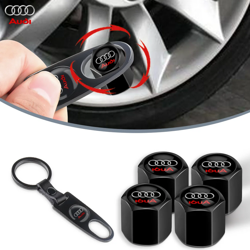 Bouchons de Valve Audi Métal Noir avec Porte-Clés Démonte-Valve